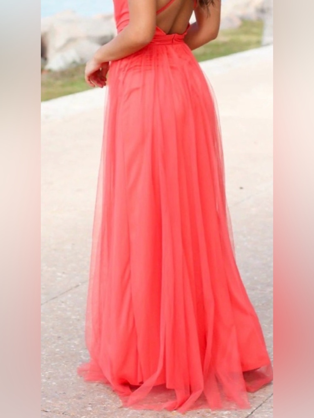 NWT Coral Tulle Maxi Dress Backless Deep V Flowing Formal Gown Boutique - Picture 3 of 3